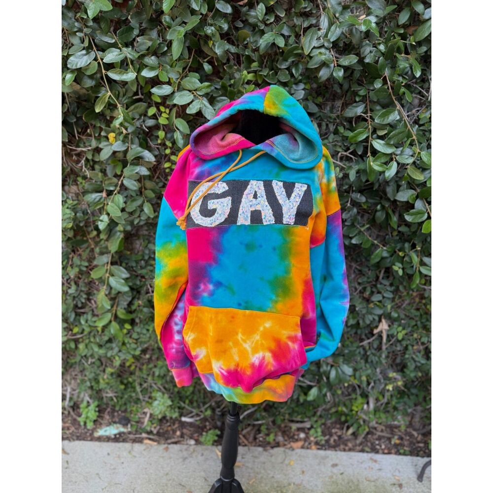 Upcycled Tie Dye Hoodie - Gay appliqué - Picture 3 of 6